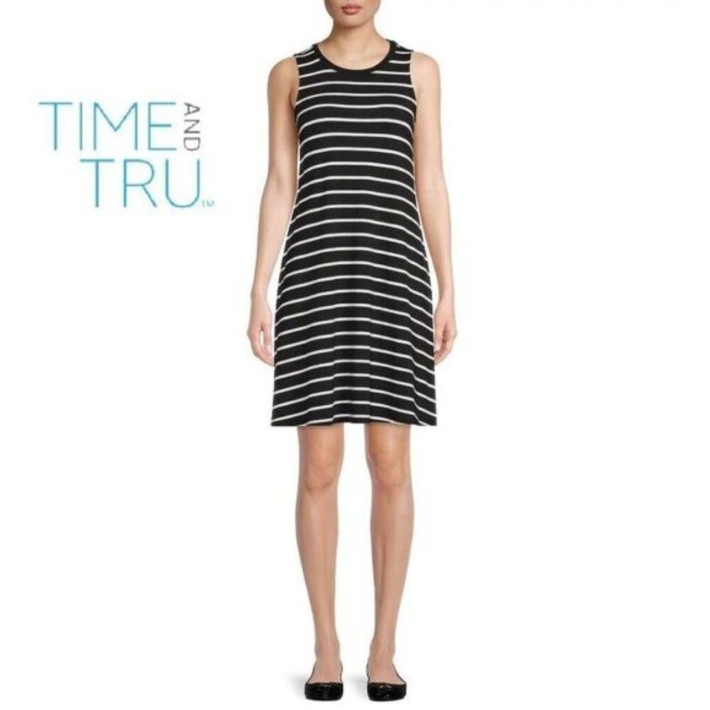 Time and Tru Women's Striped Print‎ Sleeveless Knit Dress  with 2 Side pockets